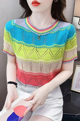 Short Sleeve Colorful Striped Knitted Slim Shirt